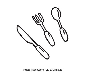 Camping Besteck Messer Gabel Löffel, handgezeichnet doodle, Linie Kunst, monochrom, handgezeichnet. Vektorgrafik.