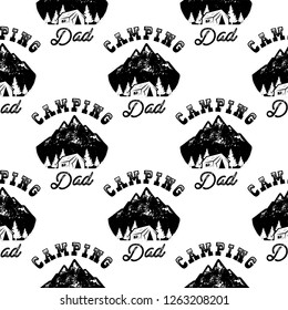 Camping Dad Explorer Pattern Design - Outdoors Adventure seamless background with tent, trees. Distressed style. Nice for camping enthusiasts, for tee, apparel, packaging, other prints. Stock vector.