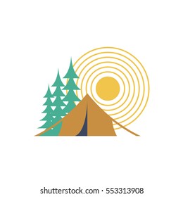 Camping day isolated. Sun, forest and tent
