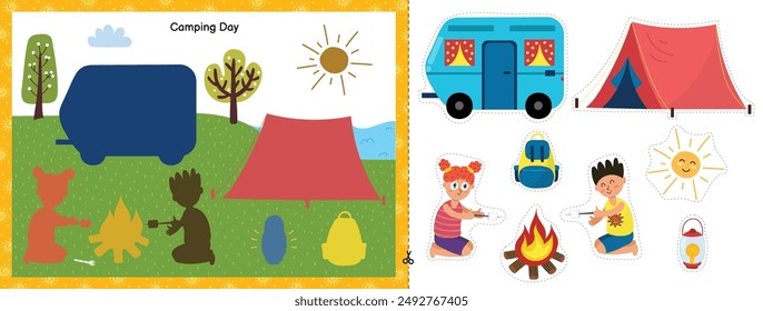 Camping Day matching game for kids. Summer cut and glue activity page for school and preschool. Vector illustration