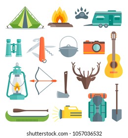 Camping decorative flat icons set with tent bonfire flashlight backpack shovel guitar antlers boat isolated vector illustration