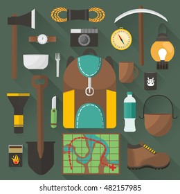 Camping decorative flat icons set with tourist equipment and outfit on green background isolated vector illustration