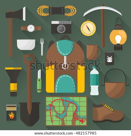 Camping decorative flat icons set with tourist equipment and outfit on green background isolated vector illustration