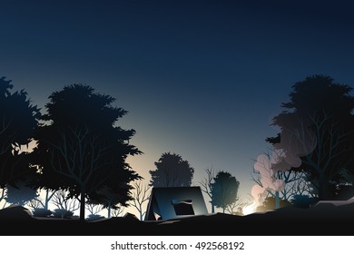 camping in deep forest when sunrise