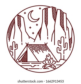 Camping in the desert line illustration. hand drawn