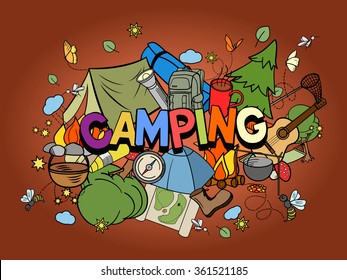 Camping design colorful set vector illustration. Coloring book. Black and white line art