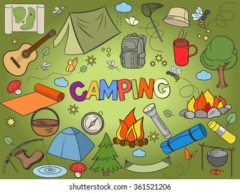 Camping design colorful set vector illustration. Coloring book. Black and white line art