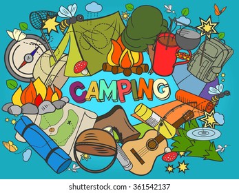 Camping design colorful set vector illustration. Coloring book. Black and white line art