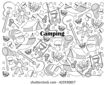 Camping design colorless set vector illustration. Coloring book. Black and white line art