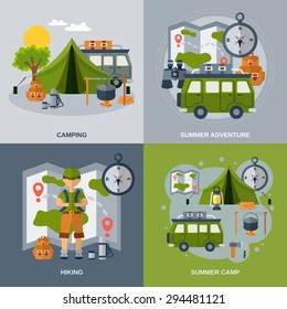 Camping design concept set with hiking and summer adventure flat icons isolated vector illustration