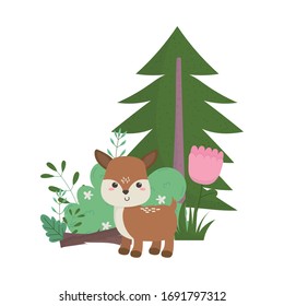 camping design with cute deer, flowers, trees and a bush. nature cartoon vector illustration