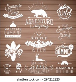 Camping Design Elements in Vintage Style on Wood Texture