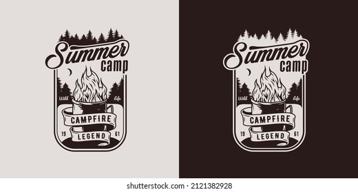 Camping design with flame in mug for coffee drinker outdoors. Adventure, wanderlust or explore in summer camp