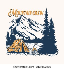 Camping design with mountains, camping tent, forest and lake. For posters, banners, emblems, signs, logos. Vector illustration