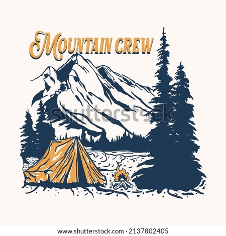 Camping design with mountains, camping tent, forest and lake. For posters, banners, emblems, signs, logos. Vector illustration