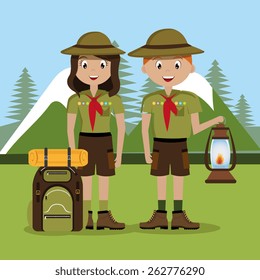 Camping-Design auf Landschaftshintergrund, Vektorillustration.