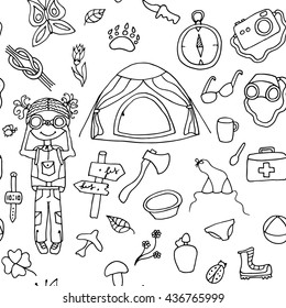 Camping design seamless pattern vector illustration. Adult coloring book. Black and white line art