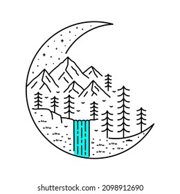 camping design vector. wildlife nature vector. crescent moon vector. in mono line art vector