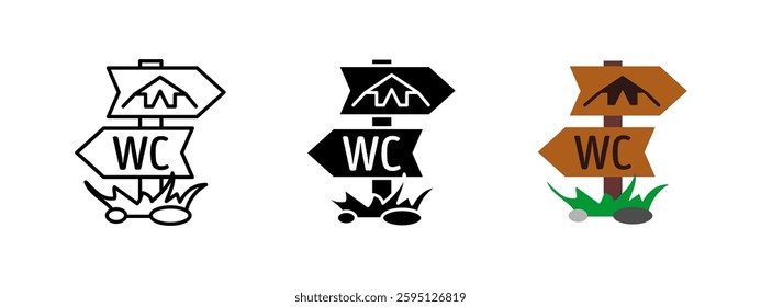 Camping direction sign icon. Wooden signpost with arrows pointing to campsite and restroom facilities. Outdoor navigation and wayfinding vector illustration. Travel, trekking and tourism guidance sign