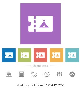 Camping discount coupon flat white icons in square backgrounds. 6 bonus icons included.