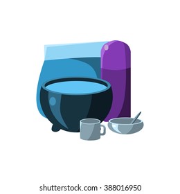 Camping Dishes. Flat Vector Illustration composition. Collection of camping and travel