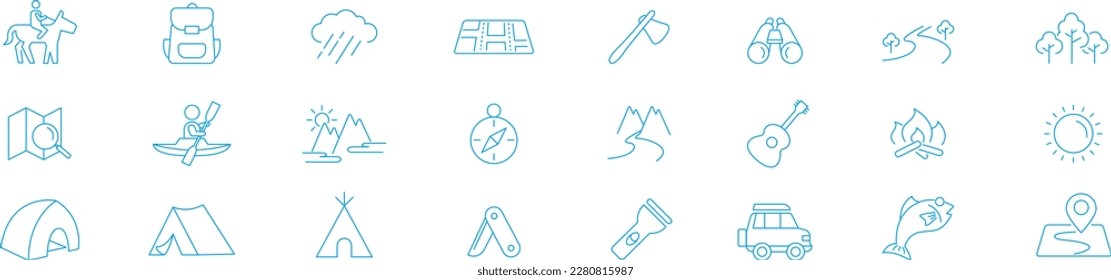 Camping, domestic and tourism thin line web icon set vector illustration.