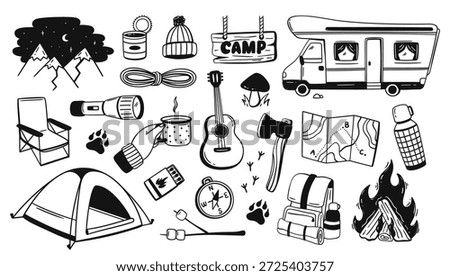 Camping doodle. Hand drawn tents and campfires for adventure travel banners, tourism design, outdoor or hike. Vector outline set for forest trekking logo, backpack isolated nature elements.