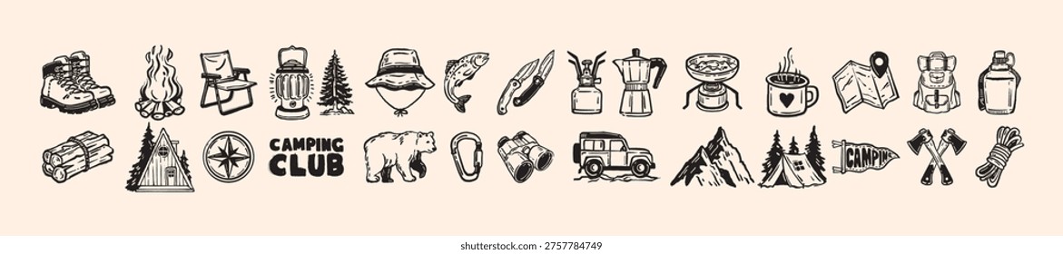 Camping doodle icon, hand drawn summer hiking line illustration, vector wild nature tracking sign. Holiday recreation activity design objects, picnic tent, mountain adventure equipment. Camping doodle