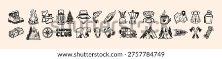 Camping doodle icon, hand drawn summer hiking line illustration, vector wild nature tracking sign. Holiday recreation activity design objects, picnic tent, mountain adventure equipment. Camping doodle