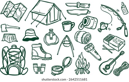 Camping doodle icon set, forest adventure hand drawn vector line sticker, woodland hiking objects. Cute bear outer logotype, outdoor activity adventure badge print, campfire, backpack. Camping doodle.