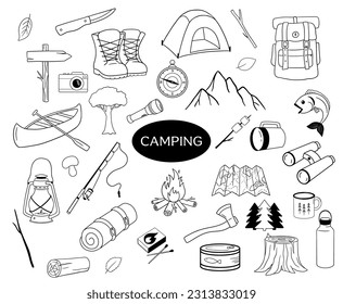 Camping doodle icon set. Vector outline sketch isolated on white. Tent, fishing rod and canoe, campfire and map for hiking