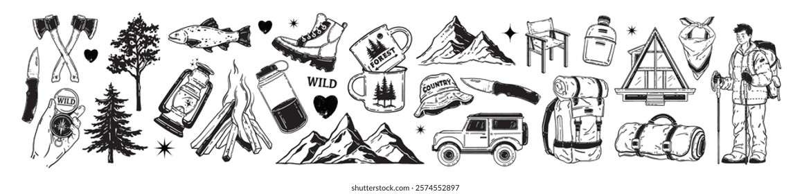 Camping doodle icon set, vector hand drawn forest travel line illustration, mountain hiking object. Tourism character, outdoor activity adventure badge print, campfire, backpack, axe. Camping doodle