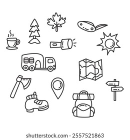 Camping doodle icons set, outline style vector illustration.	
