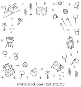 Camping doodle icons set. Vector illustration of hiking elements. Isolated on white sketch, hiking logo concept.