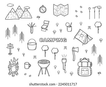 Juego de iconos de garabatos para acampar. Ilustración vectorial de elementos de senderismo. Aislado en el sketch blanco, el concepto de logo de excursionismo.