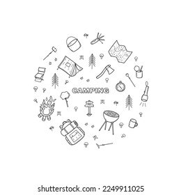 Camping doodle icons set. Vector illustration of hiking elements. Isolated on white sketch, hiking logo concept.