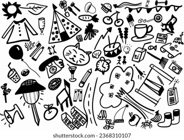 Camping-Doodmuster in nahtloser schwarzer Linie, handgezeichnet auf weißem Hintergrund, für Stoff- oder Wandbemalung oder Tapete-Pop-Kunst