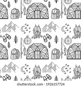 Camping doodle seamless pattern. Set of doodle forest camping design elements. Hand drawn vector illustration, isolated. Set of tourism equipment, engraved  in sketch.