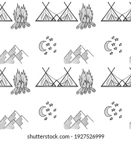 Camping doodle seamless pattern. Set of doodle forest camping design elements. Hand drawn vector illustration, isolated. Set of tourism equipment, engraved  in sketch.