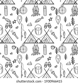 Camping doodle seamless pattern. Set of doodle forest camping design elements. Hand drawn vector illustration, isolated. Set of tourism equipment, engraved  in sketch.