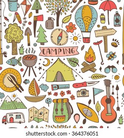 Camping doodle seamless pattern. Vector sketch illustration. Travel items.