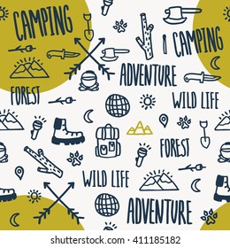 Camping doodle seamless pattern. Vector sketch illustration. 