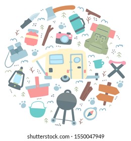 Camping doodle set. Camping and hiking elements flat style. Hand drawn vector illustration doodle.  