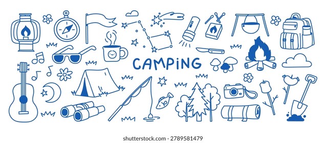Camping Doodle Set Outdoor Elements Line Art