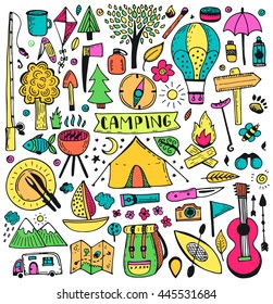 Camping doodle set. Vector cartoon illustration. Travel  items.