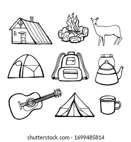 Camping doodle set. Vector hand draw isolated on white background