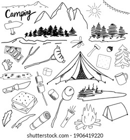 Camping doodle set. Vector illustration. Travel collection
