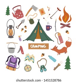 Camping doodle set. Vector sketch illustration. Travel items.