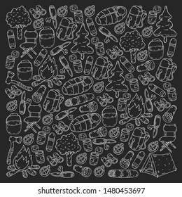 Camping doodle set. Vector sketch illustration.