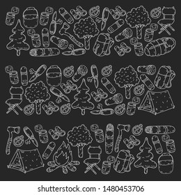 Camping doodle set. Vector sketch illustration.